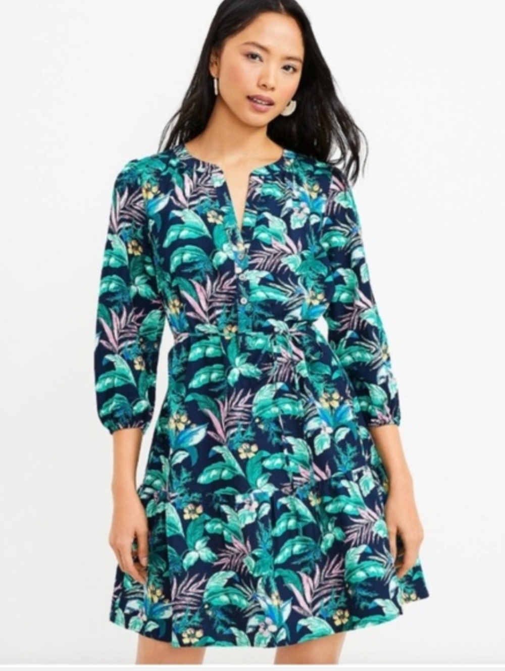 Loft Tropical Palm Leaf Flounce Linen Blend Tie Waist Shirt Dress Size Large